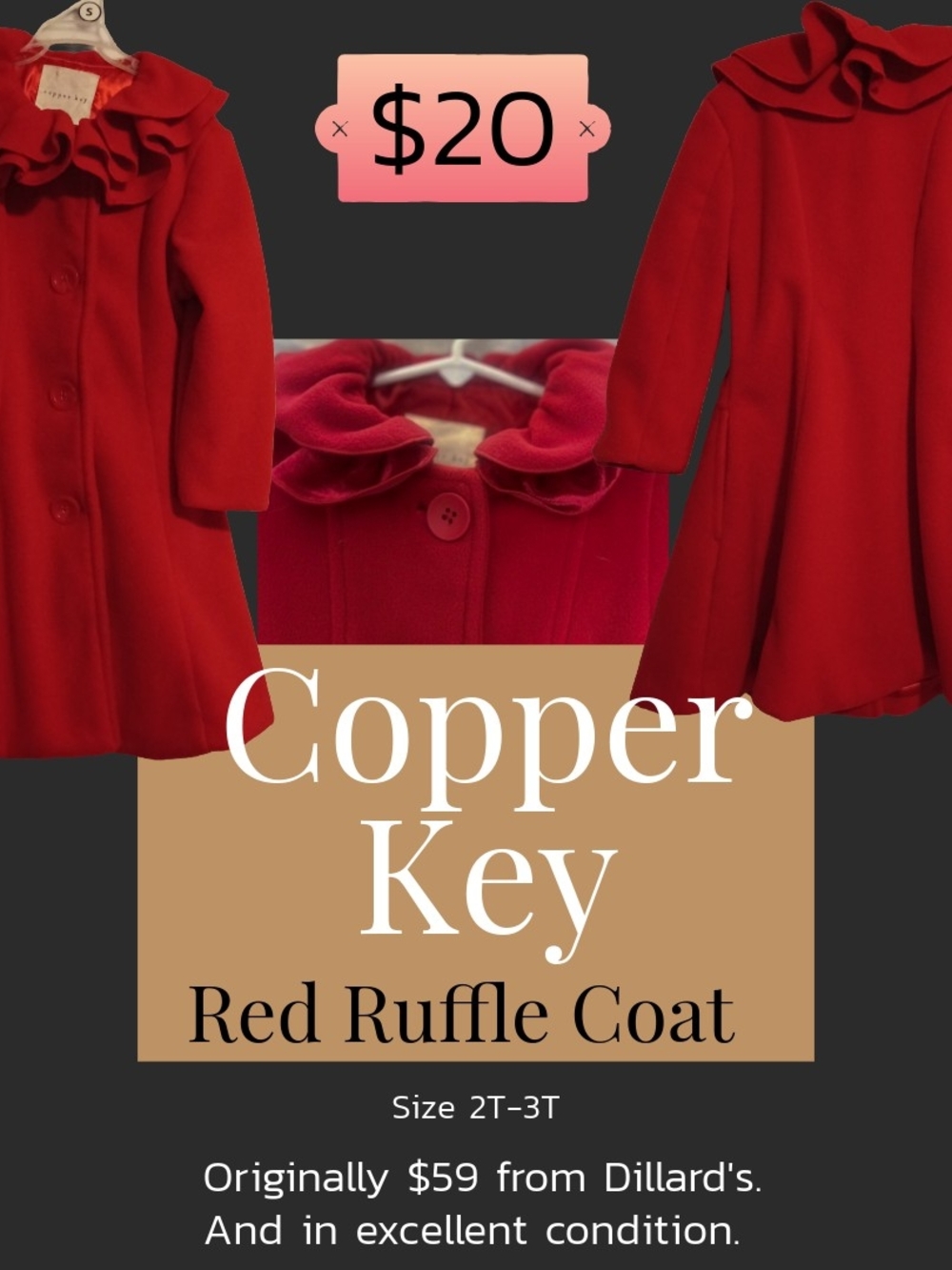 Copper Key 2T/3T Red Ruffle Pea Coat